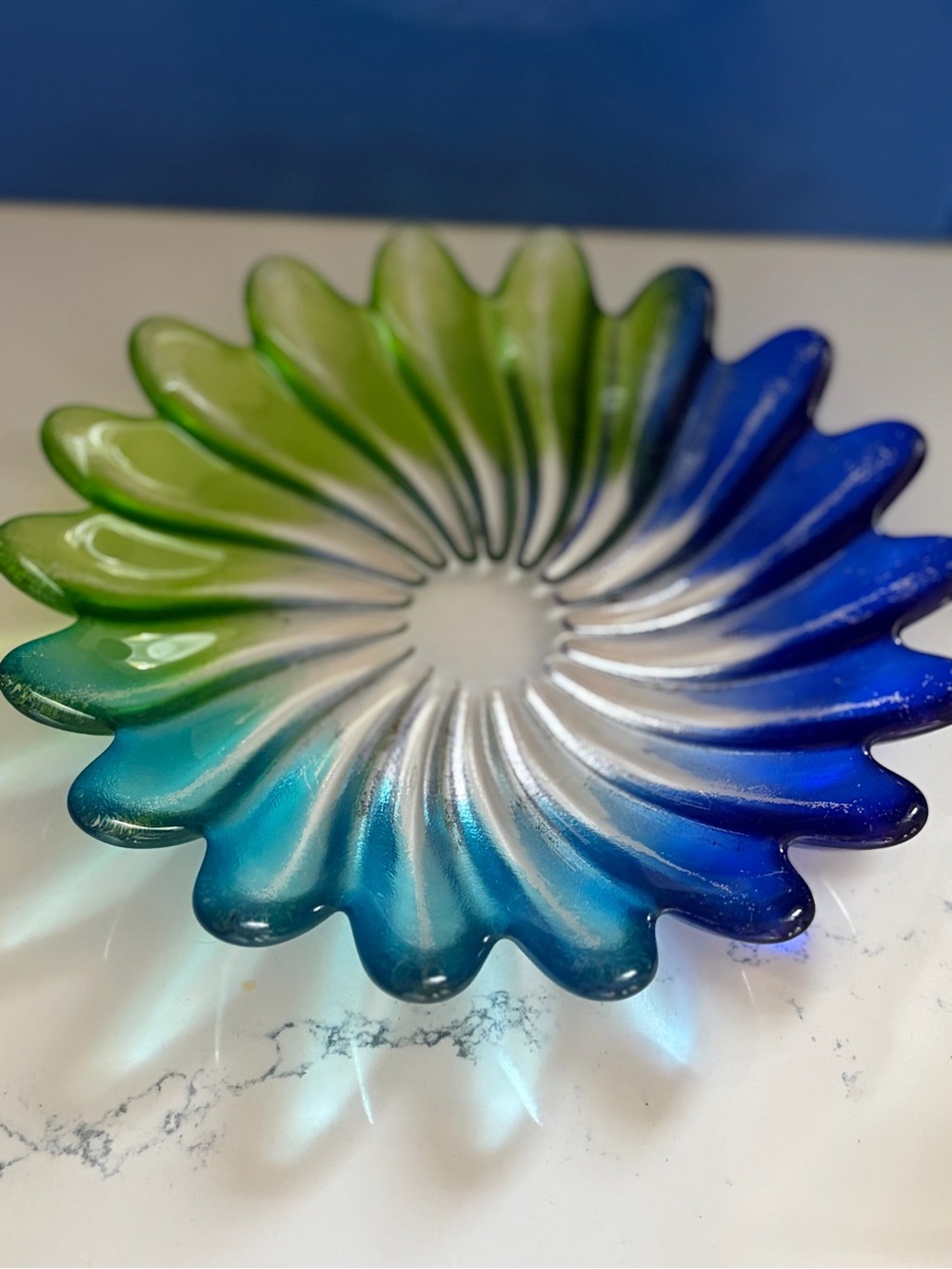 Walther glass Handblown germany Decorative Bowl blue and green Solaris swirl